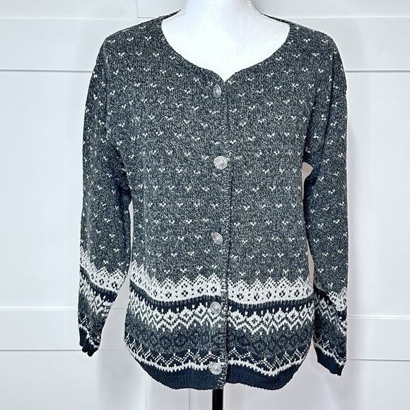 Vintage Eddie Bauer Women’s Size M Grey White Knit Button Up Cardigan *USA made* - Picture 1 of 6